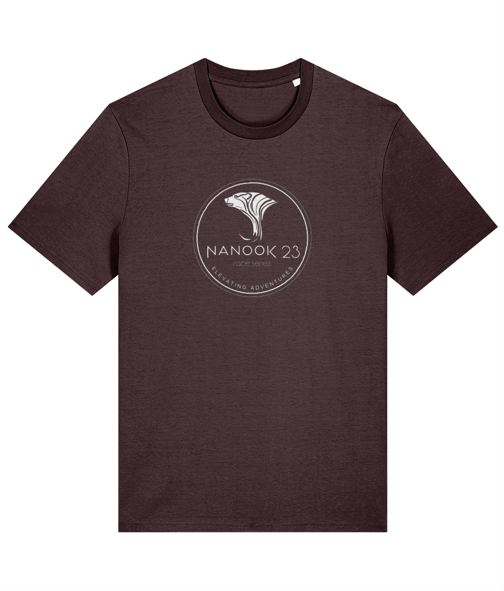 Bracken Brown rust brown Nanook23 Race Series Stamp organic cotton t-shirt with a white circular badge of a stylised polar bear head above the Nanook23 name on the chest.
