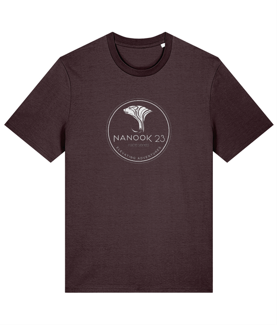 Bracken Brown rust brown Nanook23 Race Series Stamp organic cotton t-shirt with a white circular badge of a stylised polar bear head above the Nanook23 name on the chest.