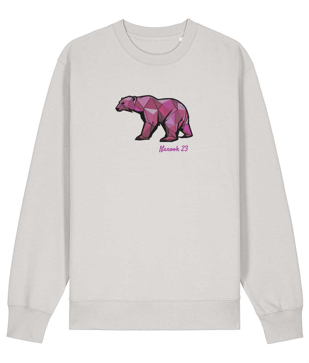 Limestone White off-white Nanook23 Pink Geo Bear organic cotton sweatshirt with a geometric polar bear in shades of pink and Nanook 23 script on the chest.
