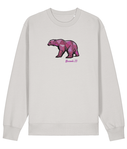 Limestone White off-white Nanook23 Pink Geo Bear organic cotton sweatshirt with a geometric polar bear in shades of pink and Nanook 23 script on the chest.