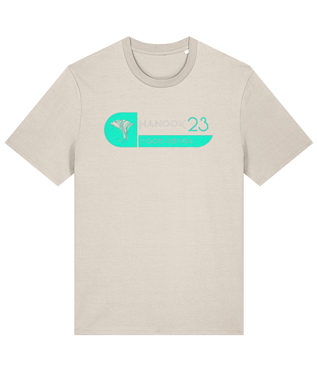 Undyed Natural cream Nanook23 Wipeout organic cotton t-shirt with the Race Series bear head logo and Nanook23 name in bright turquoise across the chest.