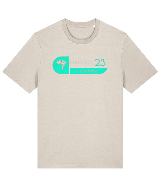 Undyed Natural cream Nanook23 Wipeout organic cotton t-shirt with the Race Series bear head logo and Nanook23 name in bright turquoise across the chest.
