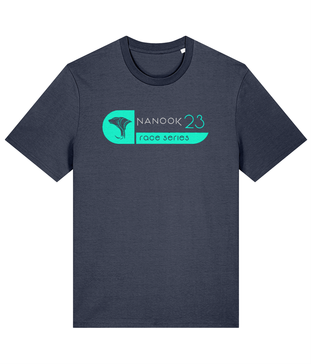 Storm Grey dark blue-grey Nanook23 Wipeout organic cotton t-shirt with the Race Series bear head logo and Nanook23 name in bright turquoise across the chest.