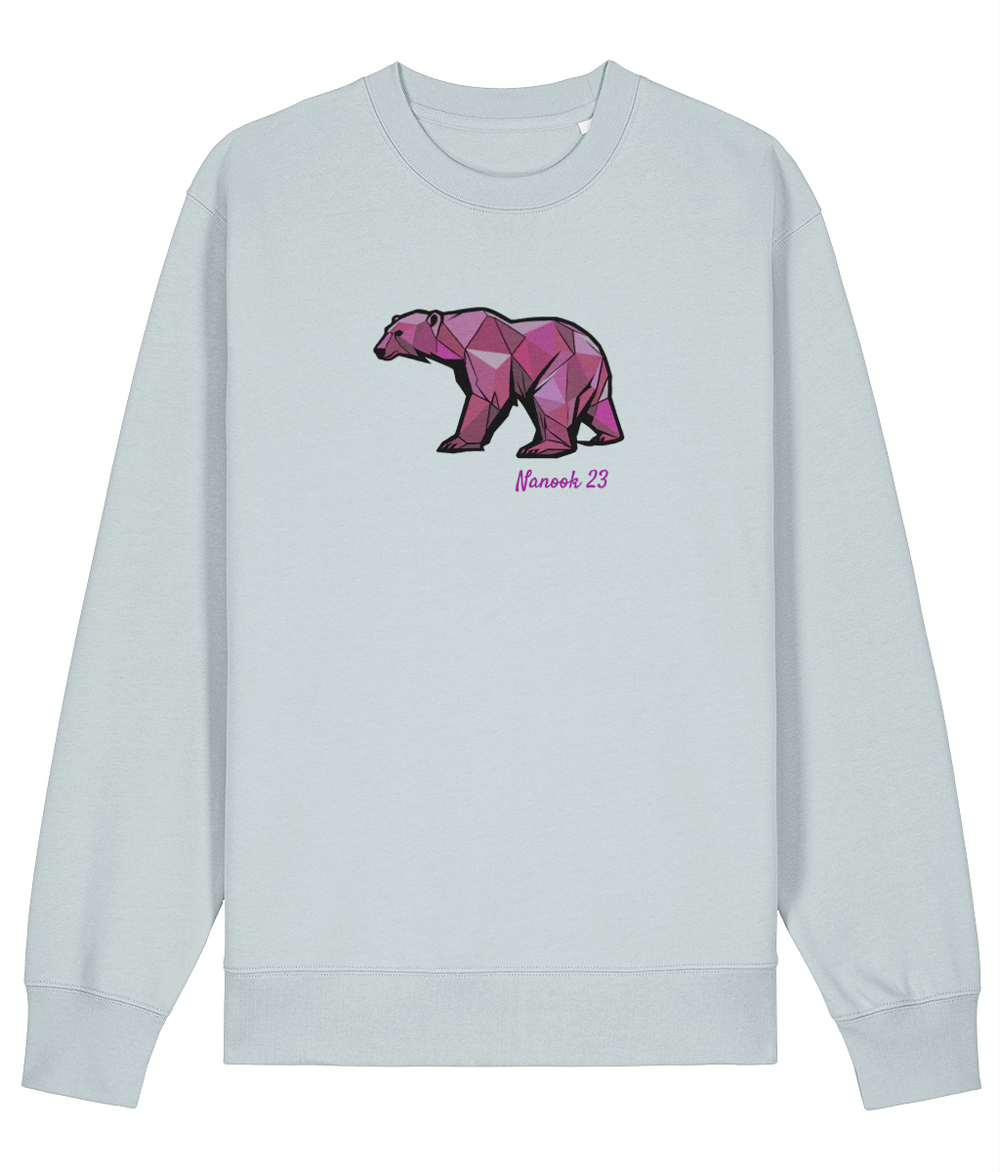 Glacier Blue pale blue Nanook23 Pink Geo Bear organic cotton sweatshirt with a geometric polar bear in shades of pink and Nanook 23 script on the chest.