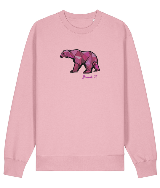 Thrift Pink soft pink Nanook23 Pink Geo Bear organic cotton sweatshirt with a geometric polar bear in shades of pink and Nanook 23 script on the chest.