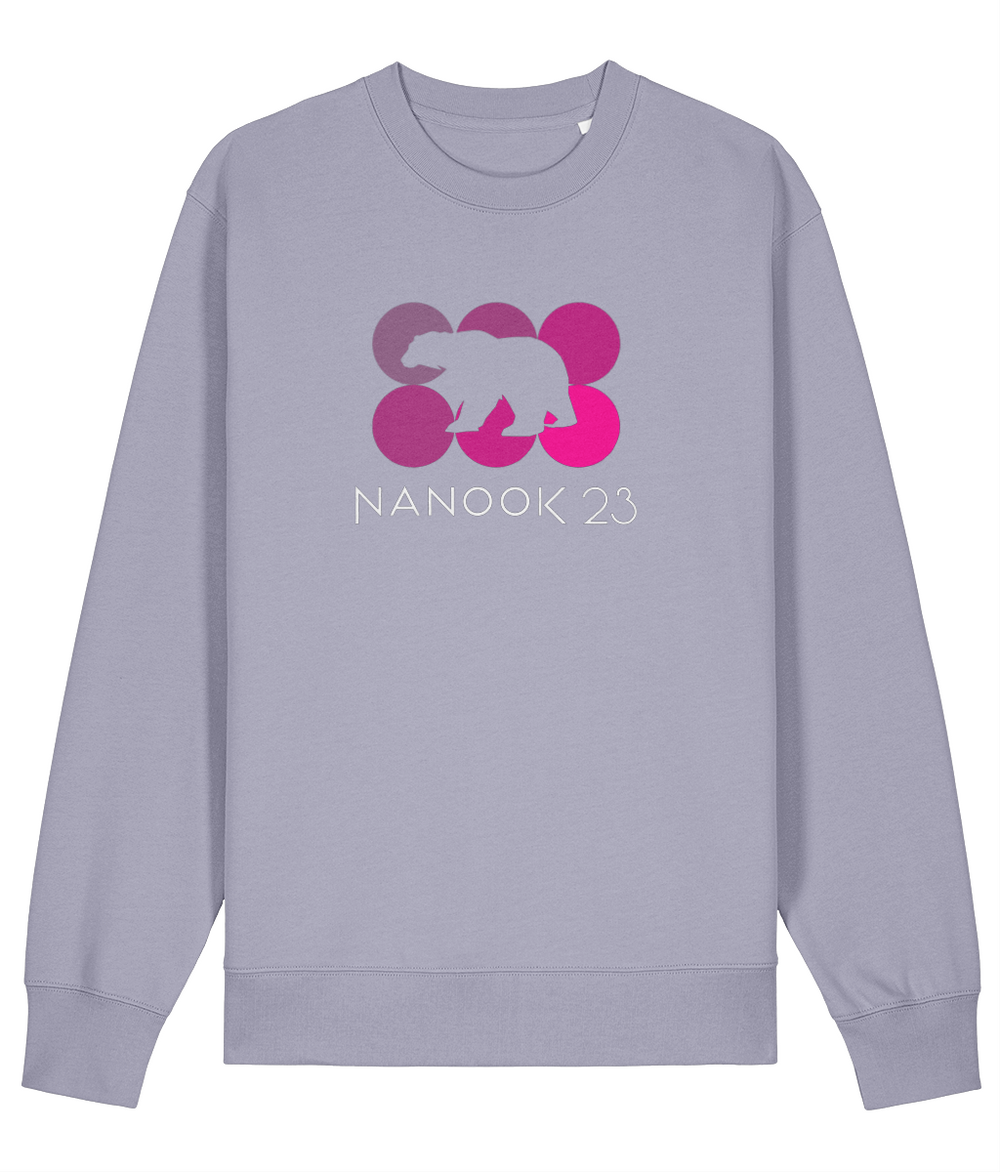 Lavender pale purple Nanook23 Pink Dots organic cotton sweatshirt with six circles in shades of pink, a polar bear silhouette cut out across them and the Nanook23 name below.