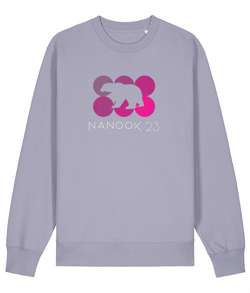 Lavender pale purple Nanook23 Pink Dots organic cotton sweatshirt with six circles in shades of pink, a polar bear silhouette cut out across them and the Nanook23 name below.