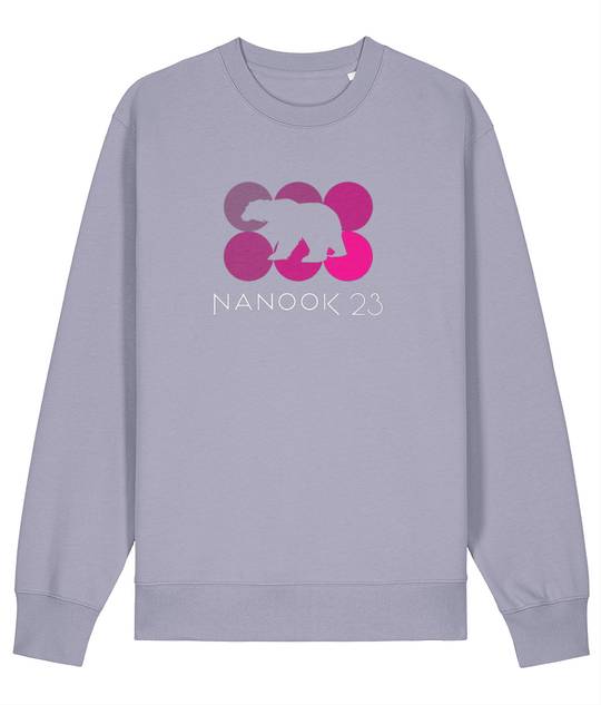 Lavender pale purple Nanook23 Pink Dots organic cotton sweatshirt with six circles in shades of pink, a polar bear silhouette cut out across them and the Nanook23 name below.