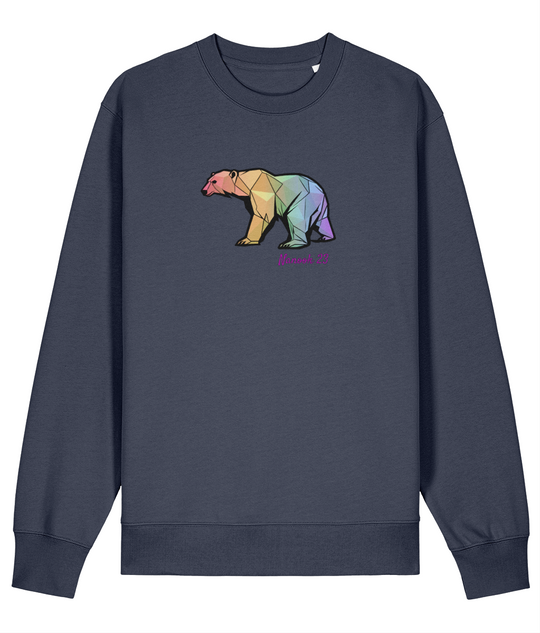 Storm Grey dark blue-grey Nanook23 Rainbow Geo Bear organic cotton sweatshirt with a geometric polar bear in rainbow shades and Nanook 23 script on the chest.