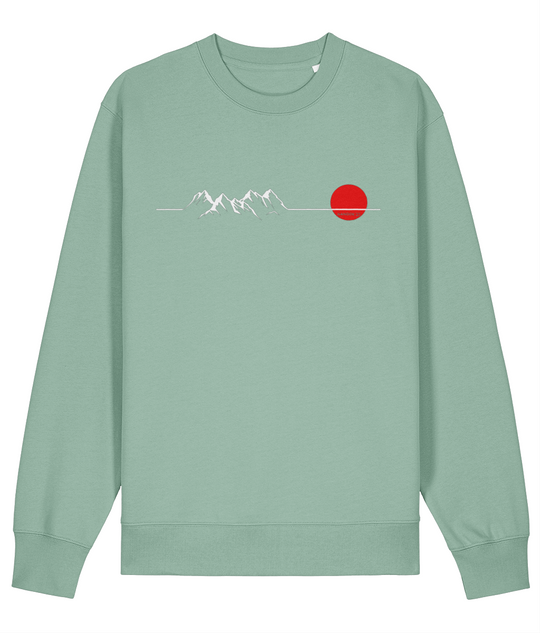 Sage Green soft green Nanook23 Horizon organic cotton sweatshirt with a white line drawing of mountains along a horizon and a red sun across the chest.