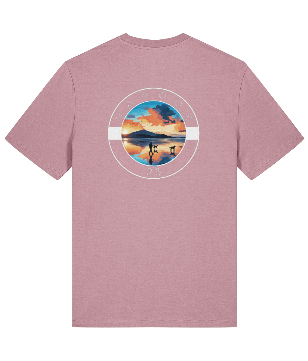 Back of the Saltmarsh Lilac pale purple Nanook23 Beach Walk t-shirt with a large print of a person walking two dogs across a beach at sunrise.