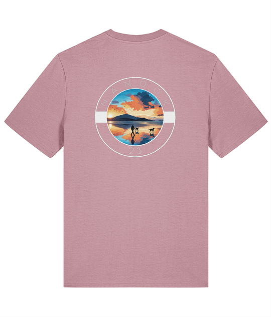 Back of the Saltmarsh Lilac pale purple Nanook23 Beach Walk t-shirt with a large print of a person walking two dogs across a beach at sunrise.