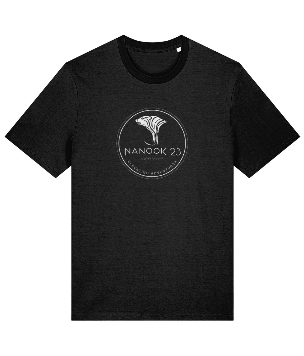Black Nanook23 Race Series Stamp organic cotton t-shirt with a white circular badge of a stylised polar bear head above the Nanook23 name on the chest.