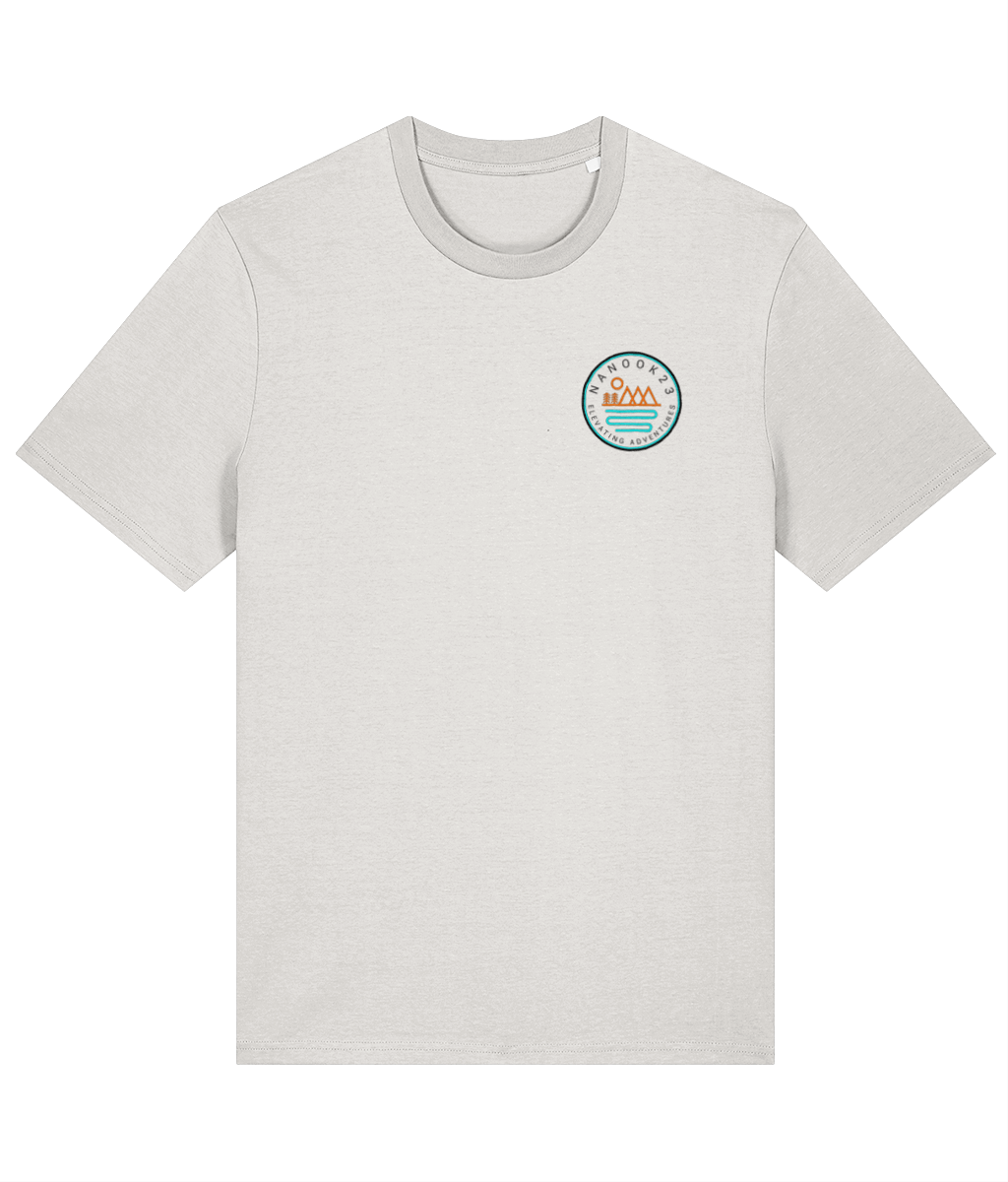 Birch White Nanook23 Mountains and Rivers organic cotton t-shirt with a small circular mountain and river badge on the left chest.