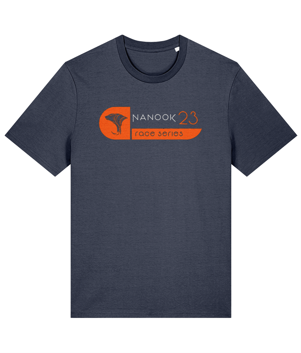 Storm Grey dark blue-grey Nanook23 Wipeout organic cotton t-shirt with the Race Series bear head logo and Nanook23 name in bright orange across the chest.
