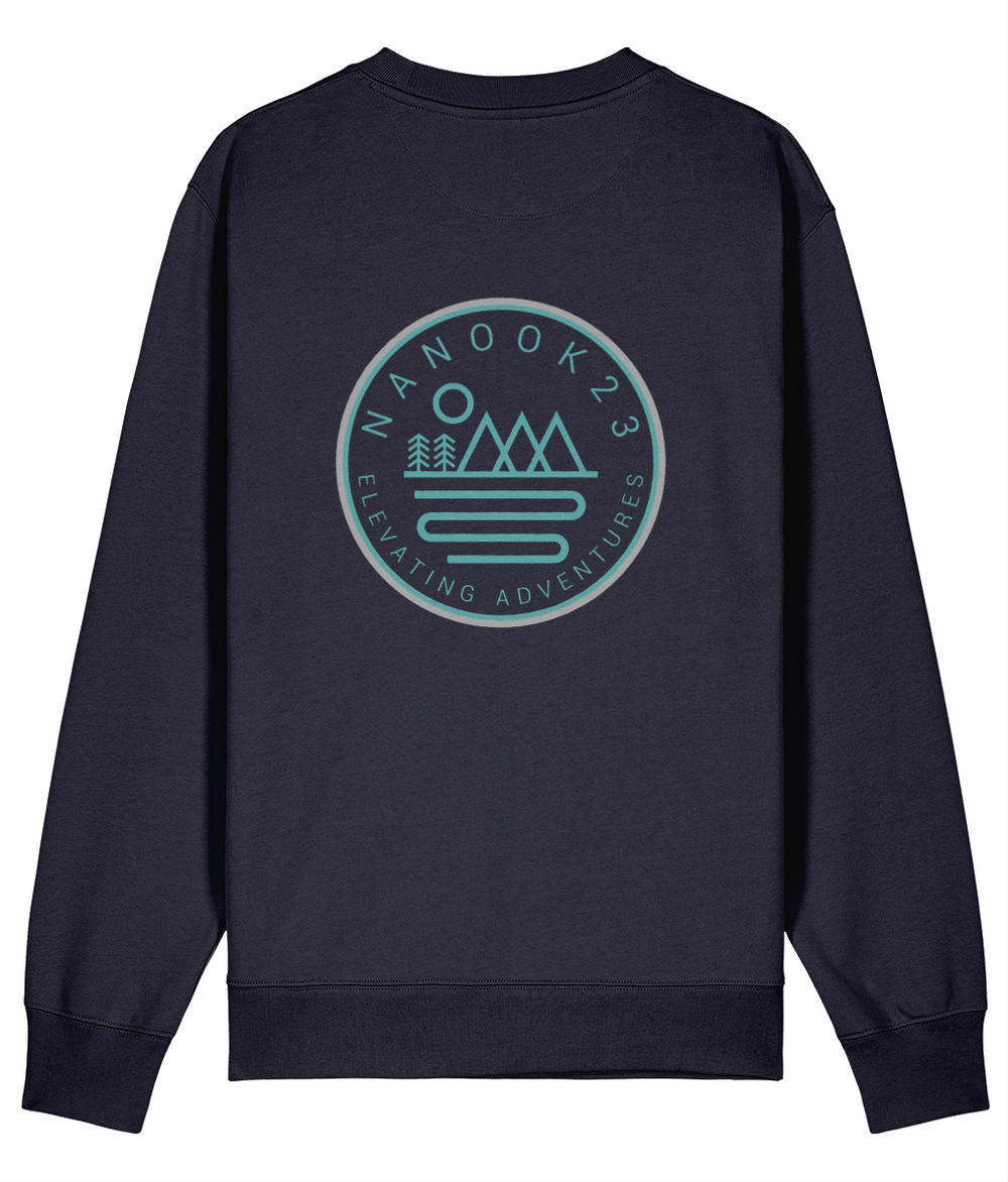 Back of the Midnight Navy Nanook23 Mountains and Rivers Blue sweatshirt showing a large blue circular badge of mountains, trees and a sun above a winding river.