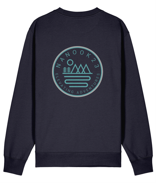 Back of the Midnight Navy Nanook23 Mountains and Rivers Blue sweatshirt showing a large blue circular badge of mountains, trees and a sun above a winding river.