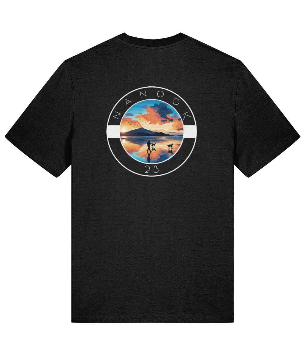 Back of the Black Nanook23 Beach Walk t-shirt with a large print of a person walking two dogs across a beach at sunrise.