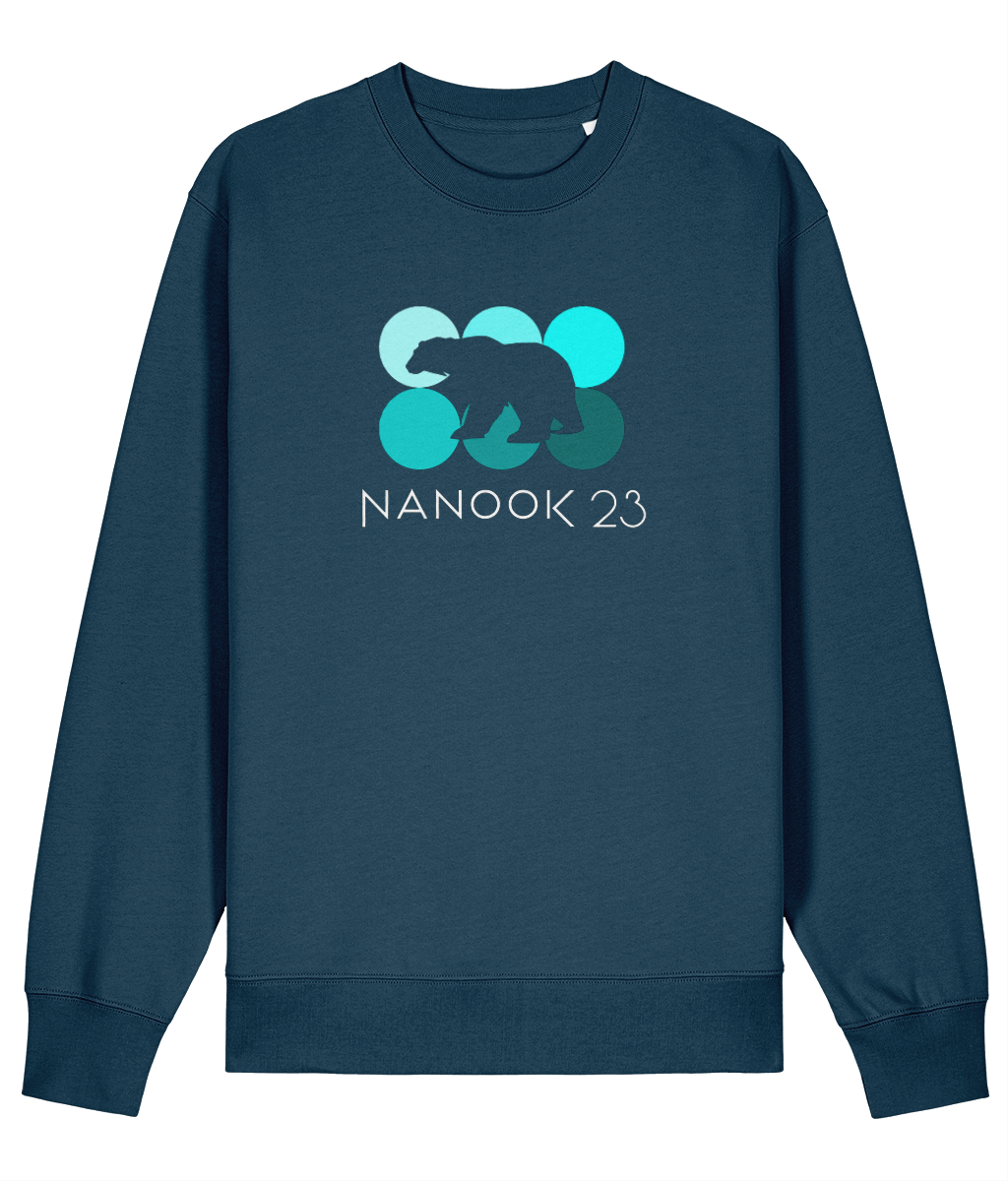 Fathom Teal dark teal Nanook23 Mint Dots organic cotton sweatshirt with six circles in shades of turquoise, a polar bear silhouette cut out across them and the Nanook23 name below.