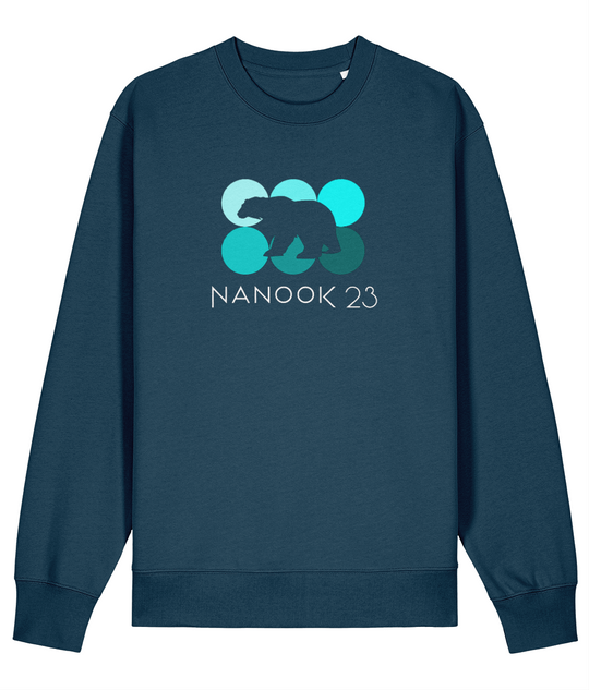 Fathom Teal dark teal Nanook23 Mint Dots organic cotton sweatshirt with six circles in shades of turquoise, a polar bear silhouette cut out across them and the Nanook23 name below.