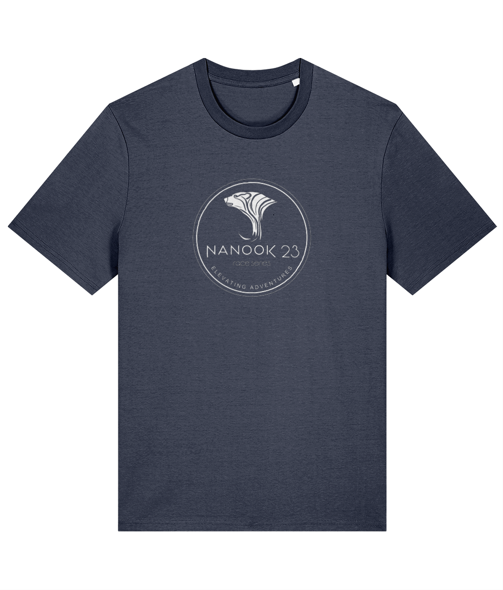 Storm Grey dark blue-grey Nanook23 Race Series Stamp organic cotton t-shirt with a white circular badge of a stylised polar bear head above the Nanook23 name on the chest.