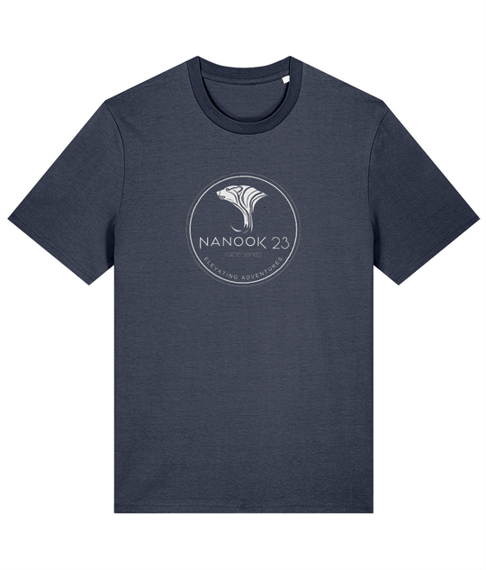 Storm Grey dark blue-grey Nanook23 Race Series Stamp organic cotton t-shirt with a white circular badge of a stylised polar bear head above the Nanook23 name on the chest.