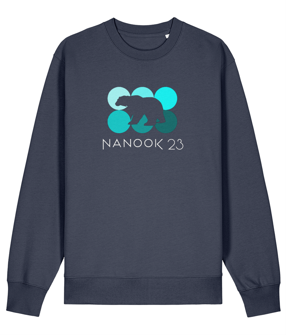Storm Grey dark blue-grey Nanook23 Mint Dots organic cotton sweatshirt with six circles in shades of turquoise, a polar bear silhouette cut out across them and the Nanook23 name below.