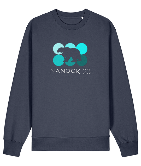 Storm Grey dark blue-grey Nanook23 Mint Dots organic cotton sweatshirt with six circles in shades of turquoise, a polar bear silhouette cut out across them and the Nanook23 name below.