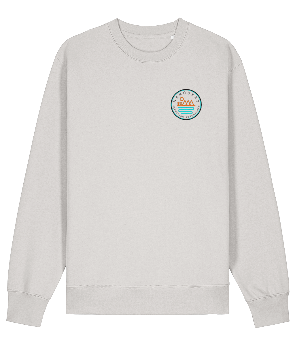 t: Limestone White off-white Nanook23 Mountains and Rivers organic cotton sweatshirt with a small orange and turquoise mountain and river badge on the left chest.