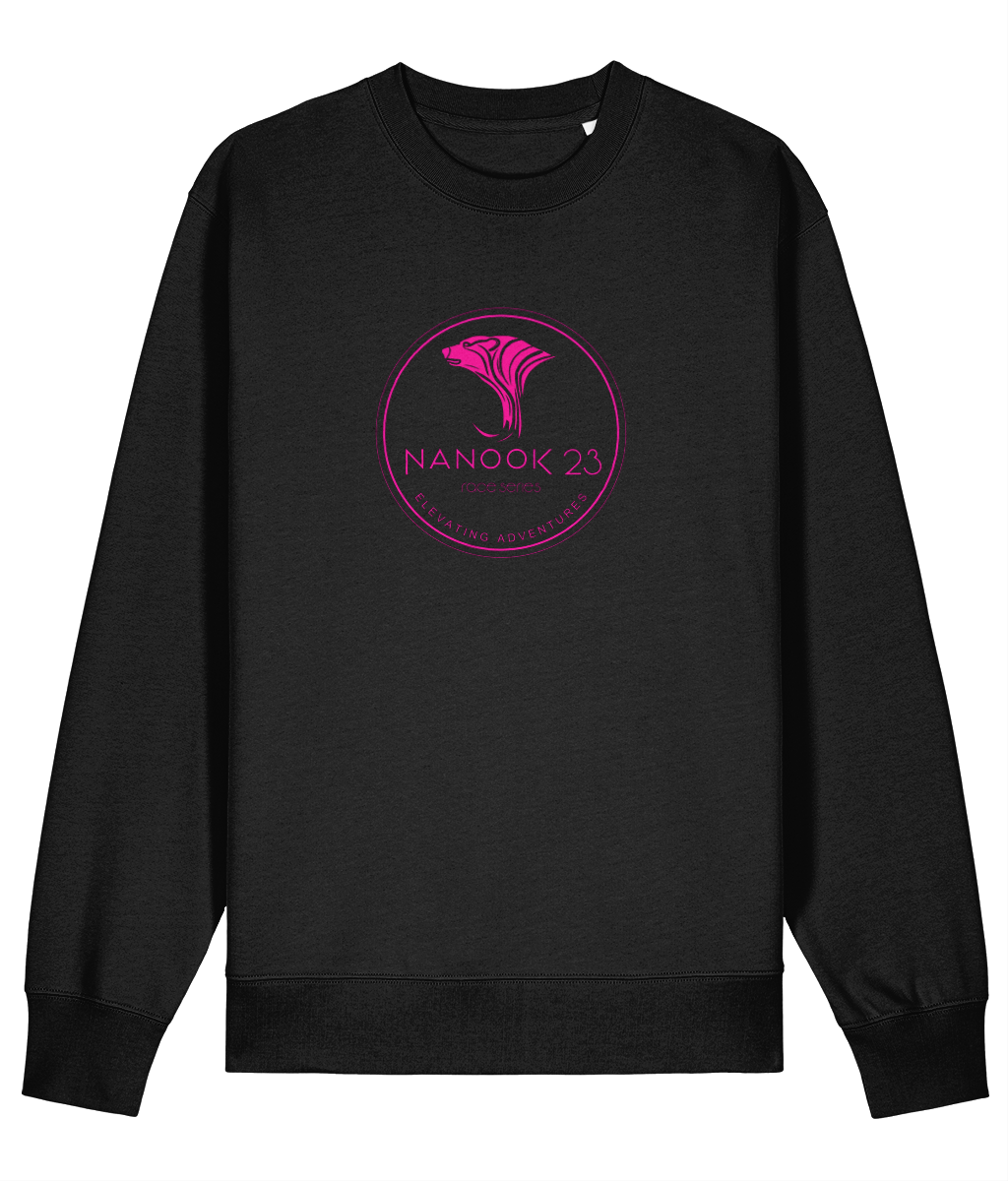 Black Nanook23 Race Series Stamp Pink organic cotton sweatshirt with a pink circular badge of a stylised polar bear head above the Nanook23 name on the chest.