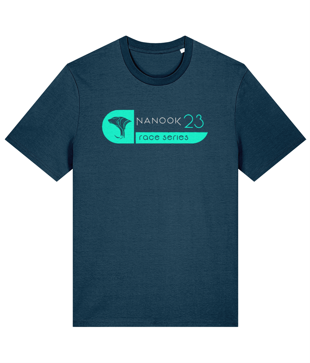 Fathom Teal dark teal Nanook23 Wipeout organic cotton t-shirt with the Race Series bear head logo and Nanook23 name in bright turquoise across the chest.