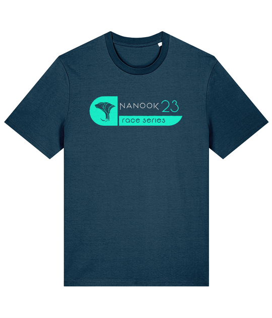 Fathom Teal dark teal Nanook23 Wipeout organic cotton t-shirt with the Race Series bear head logo and Nanook23 name in bright turquoise across the chest.