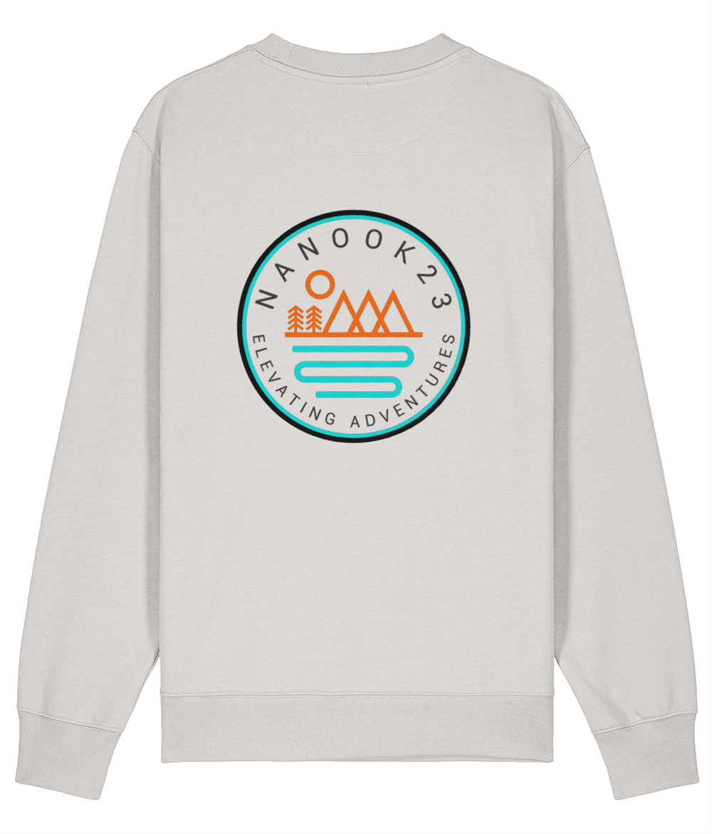 Back of the Limestone White Nanook23 Mountains and Rivers sweatshirt showing a large orange and turquoise circular badge of mountains, trees and a sun above a river.