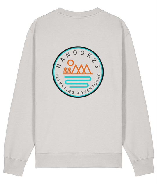 Back of the Limestone White Nanook23 Mountains and Rivers sweatshirt showing a large orange and turquoise circular badge of mountains, trees and a sun above a river.