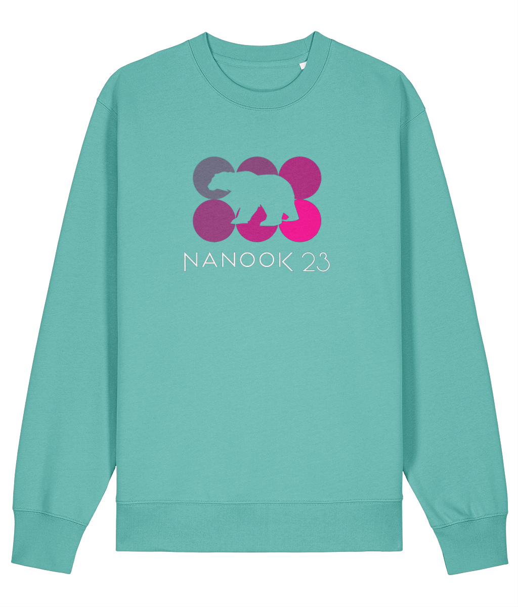 Shallows Blue turquoise Nanook23 Pink Dots organic cotton sweatshirt with six circles in shades of pink, a polar bear silhouette cut out across them and the Nanook23 name below.