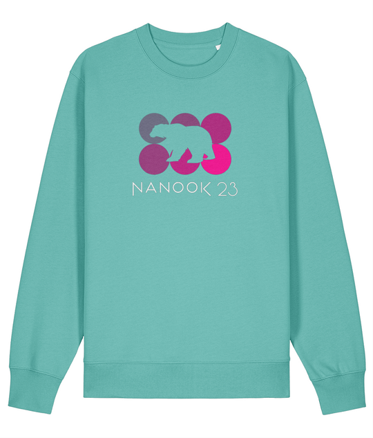 Shallows Blue turquoise Nanook23 Pink Dots organic cotton sweatshirt with six circles in shades of pink, a polar bear silhouette cut out across them and the Nanook23 name below.