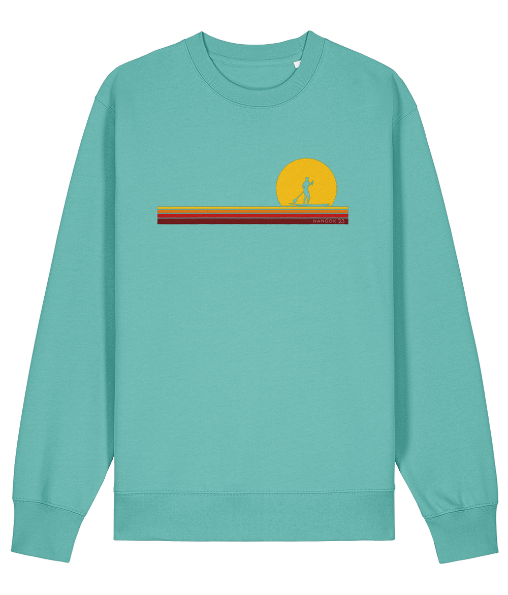 Shallows Blue turquoise Nanook23 First Light organic cotton sweatshirt with a paddleboarder silhouetted against a yellow sun above stripes of yellow, orange and red.