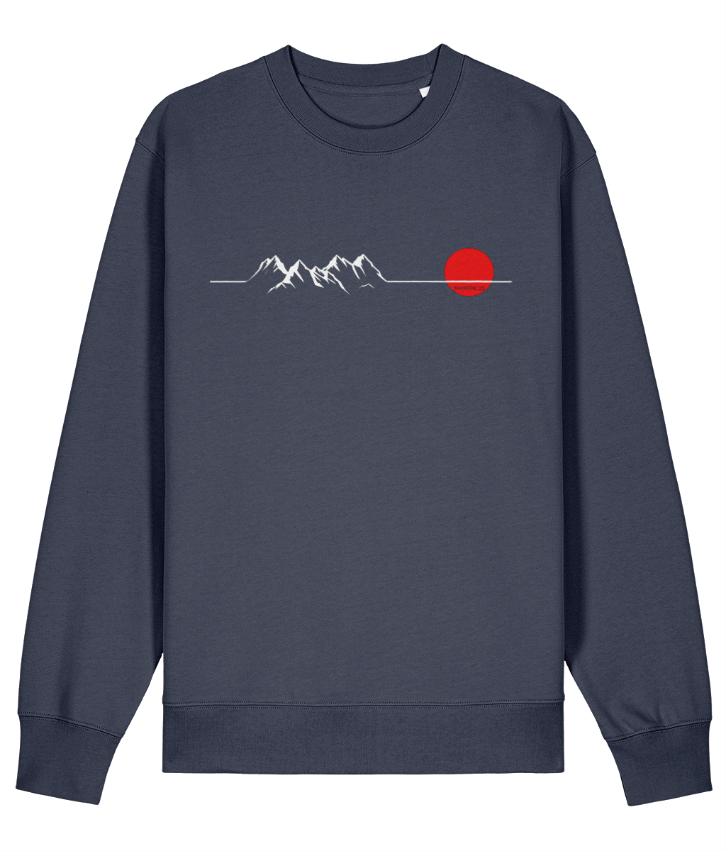 Storm Grey dark blue-grey Nanook23 Horizon organic cotton sweatshirt with a white line drawing of mountains along a horizon and a red sun across the chest.