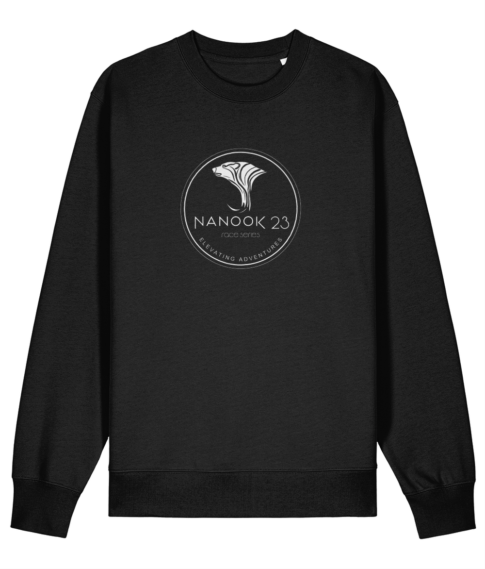 Black Nanook23 Race Series Stamp organic cotton sweatshirt with a white circular badge of a stylised polar bear head above the Nanook23 name on the chest.