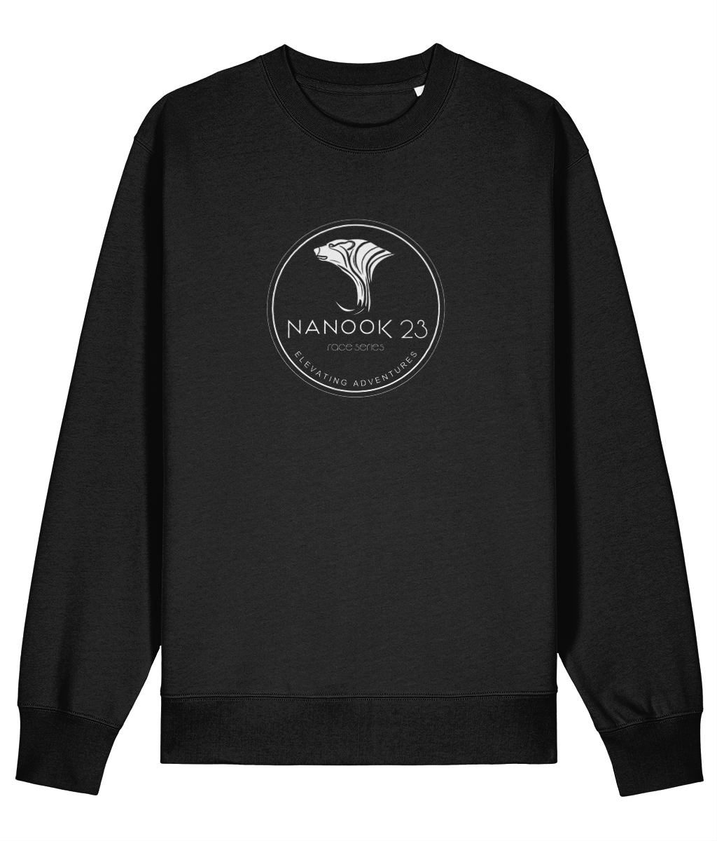 Black Nanook23 Race Series Stamp organic cotton sweatshirt with a white circular badge of a stylised polar bear head above the Nanook23 name on the chest.