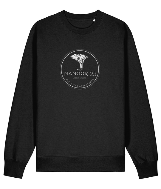 Black Nanook23 Race Series Stamp organic cotton sweatshirt with a white circular badge of a stylised polar bear head above the Nanook23 name on the chest.
