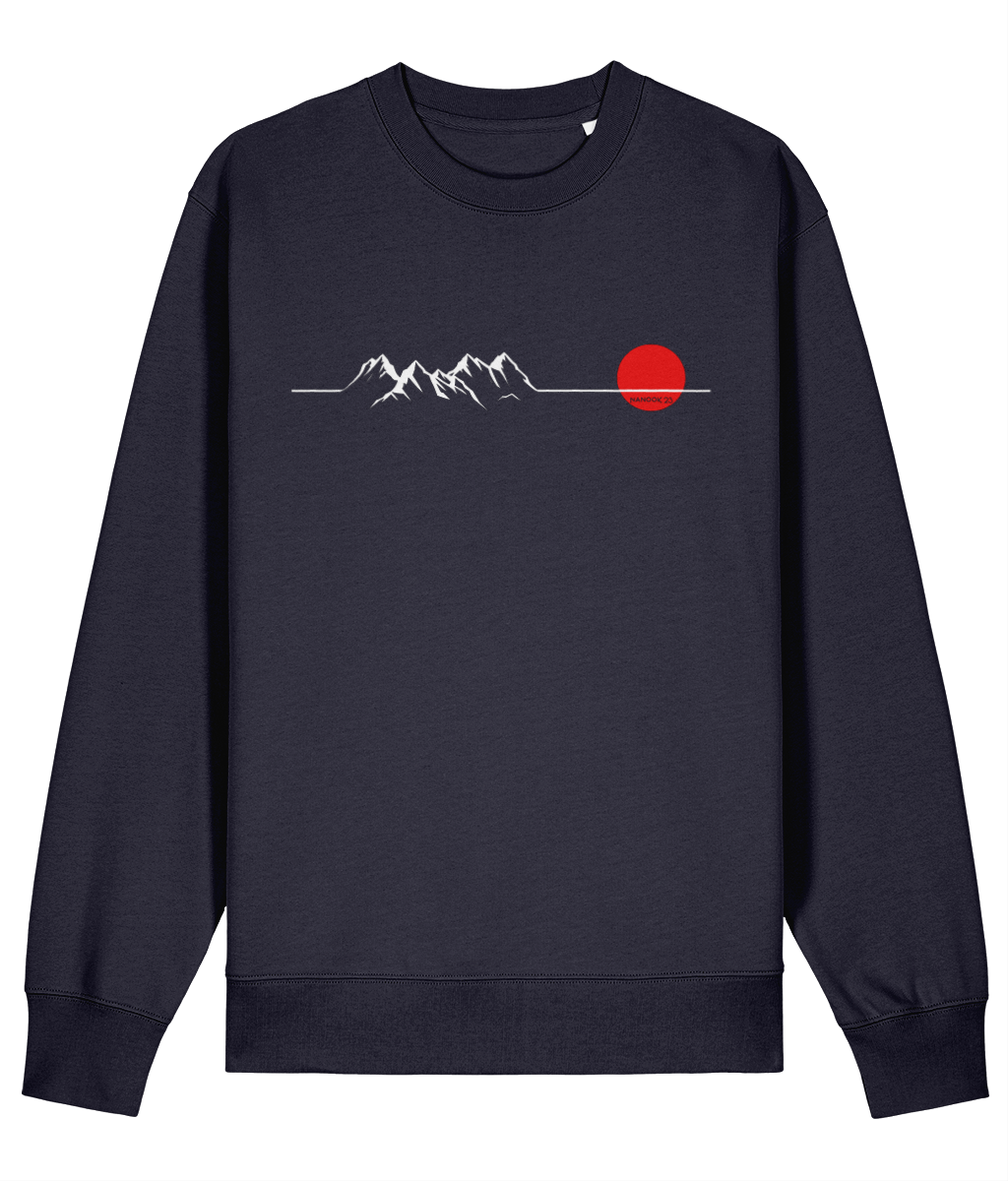 Midnight Navy dark blue Nanook23 Horizon organic cotton sweatshirt with a white line drawing of mountains along a horizon and a red sun across the chest.