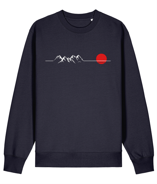Midnight Navy dark blue Nanook23 Horizon organic cotton sweatshirt with a white line drawing of mountains along a horizon and a red sun across the chest.