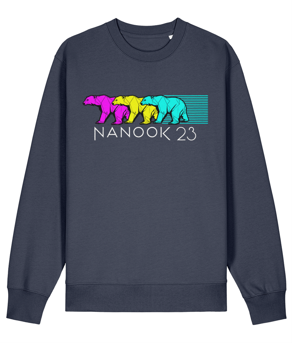 Storm Grey dark blue-grey Nanook23 Neon Trio organic cotton sweatshirt with three overlapping geometric polar bears in magenta, yellow and cyan above the Nanook23 name.