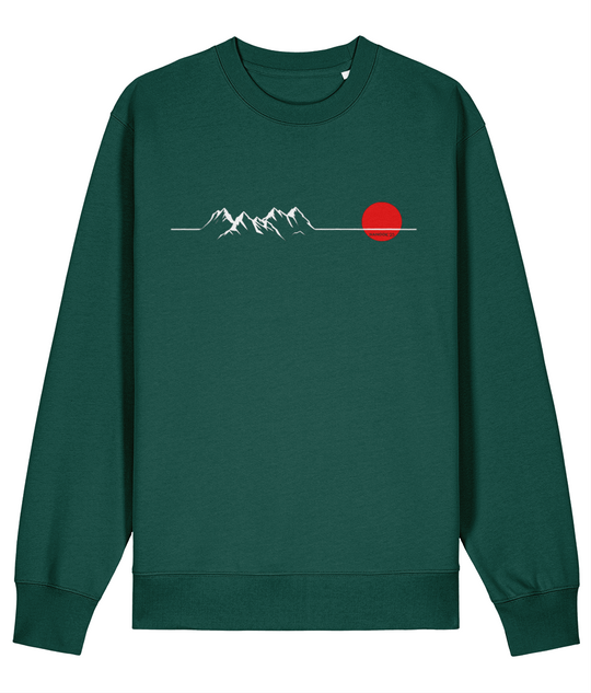 Fern Green dark green Nanook23 Horizon organic cotton sweatshirt with a white line drawing of mountains along a horizon and a red sun across the chest.