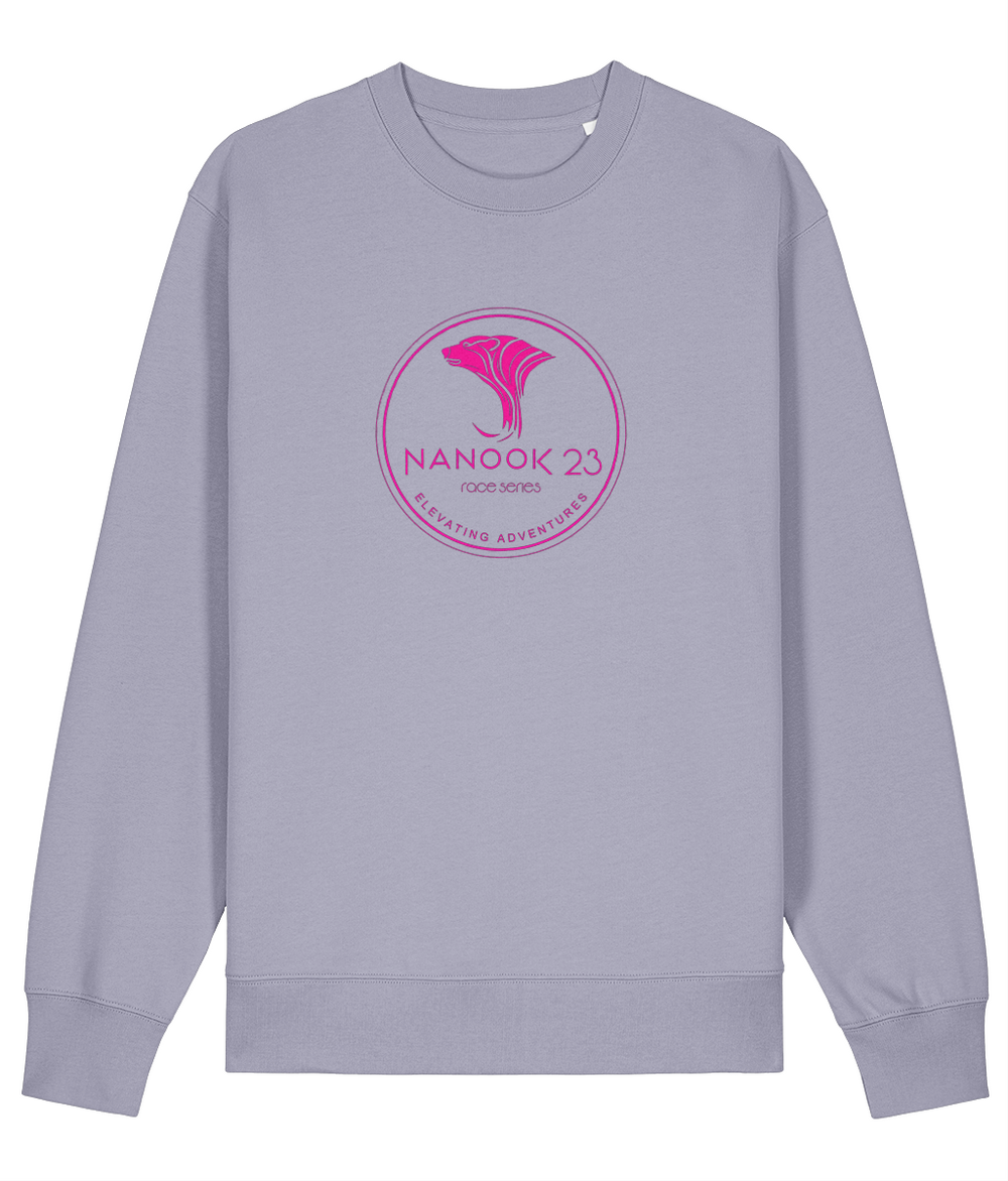 Lavender pale purple Nanook23 Race Series Stamp Pink organic cotton sweatshirt with a pink circular badge of a stylised polar bear head above the Nanook23 name on the chest.