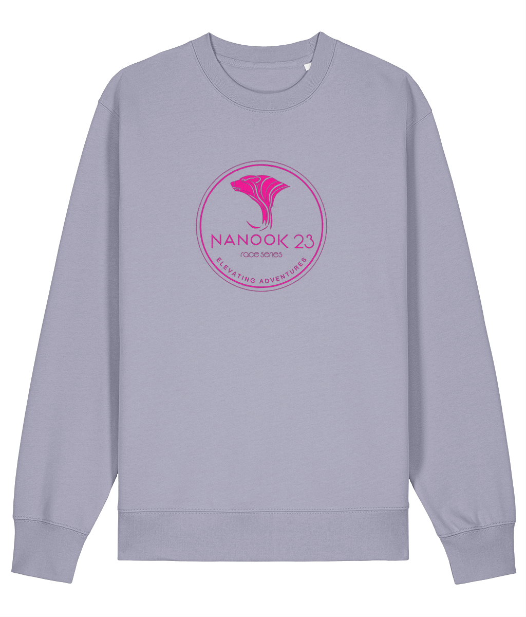 Lavender pale purple Nanook23 Race Series Stamp Pink organic cotton sweatshirt with a pink circular badge of a stylised polar bear head above the Nanook23 name on the chest.