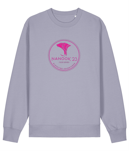 Lavender pale purple Nanook23 Race Series Stamp Pink organic cotton sweatshirt with a pink circular badge of a stylised polar bear head above the Nanook23 name on the chest.