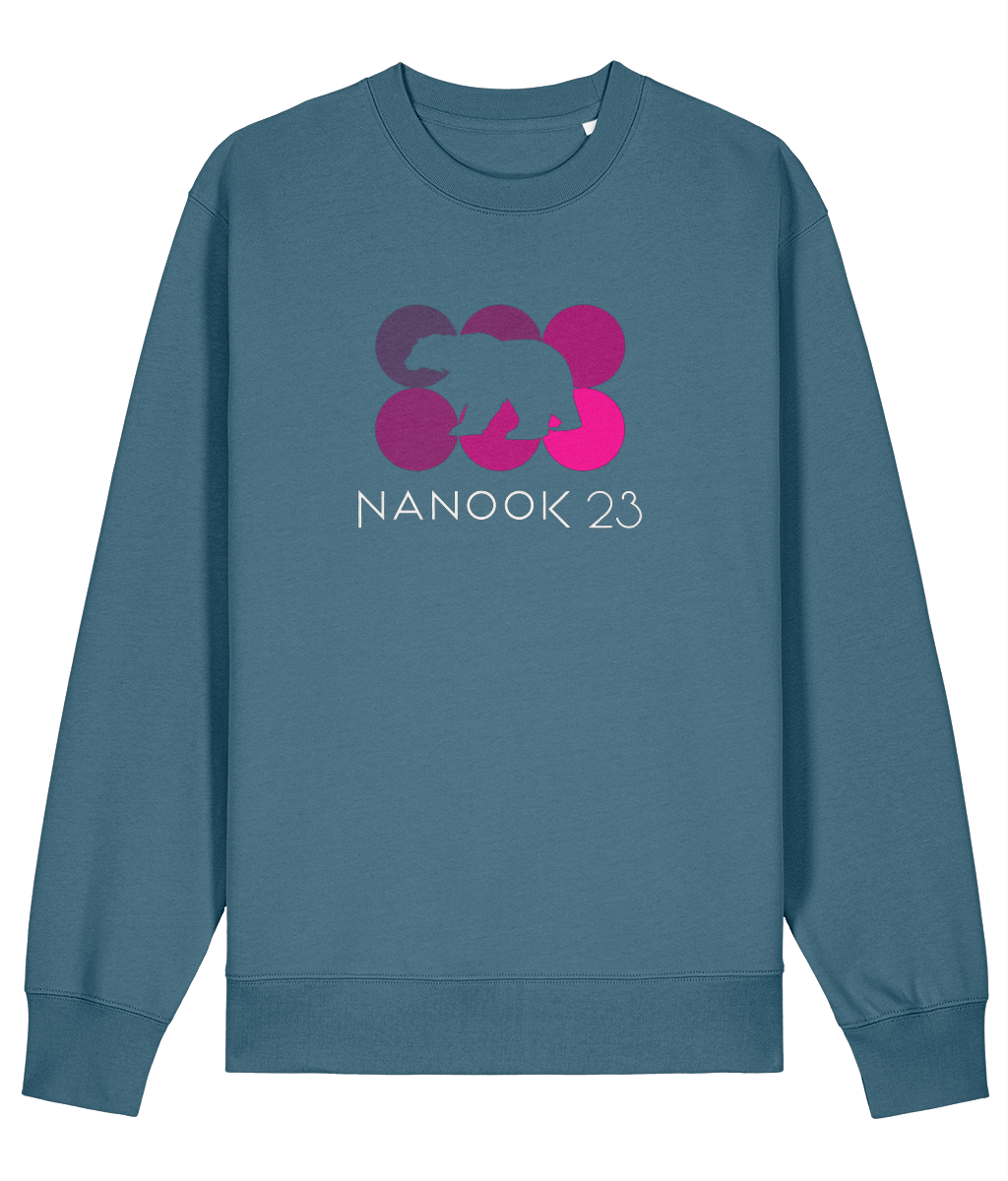 Loch Blue dark petrol blue Nanook23 Pink Dots organic cotton sweatshirt with six circles in shades of pink, a polar bear silhouette cut out across them and the Nanook23 name below.