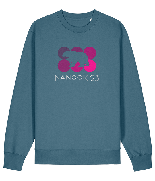 Loch Blue dark petrol blue Nanook23 Pink Dots organic cotton sweatshirt with six circles in shades of pink, a polar bear silhouette cut out across them and the Nanook23 name below.
